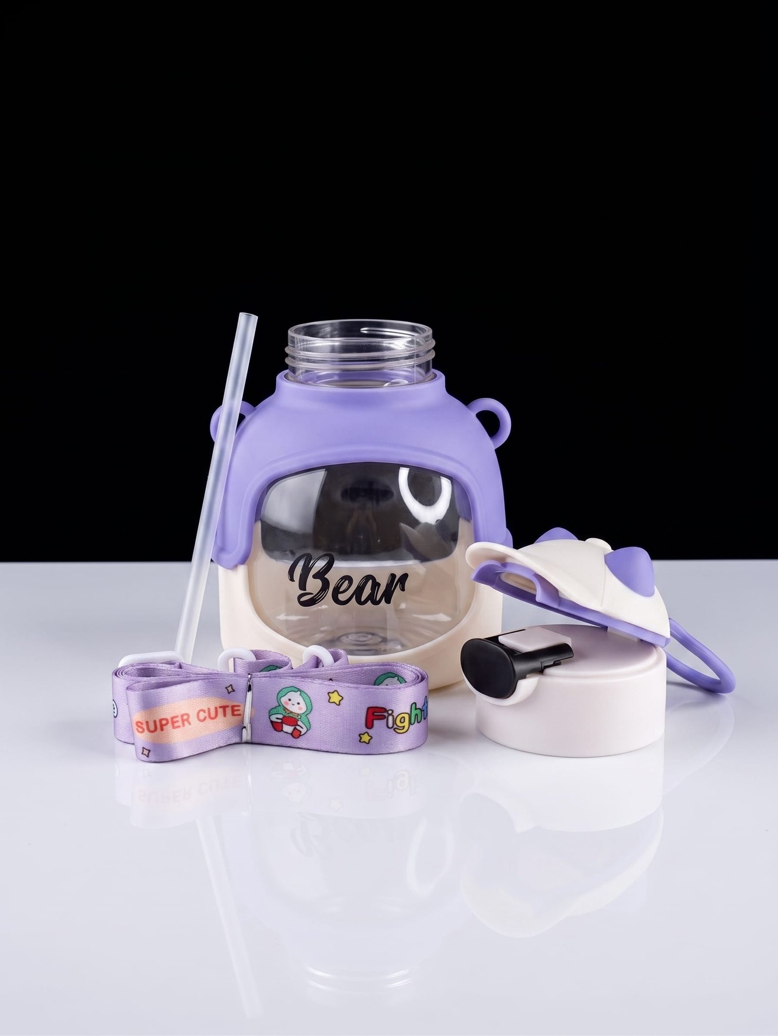 Cute Bear Straw Water Bottle for Kids with Adjustable Shoulder Strap - Image 4