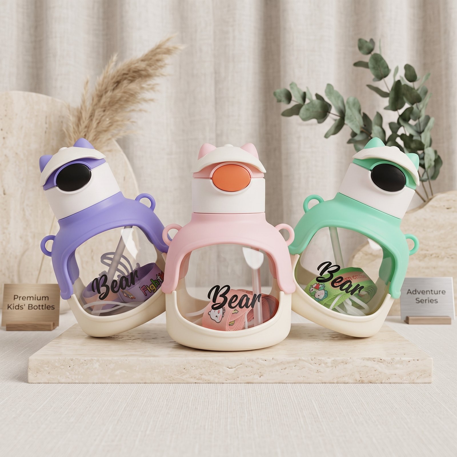 Cute Bear Shaped Kids Water Bottle with Straw & Shoulder Strap