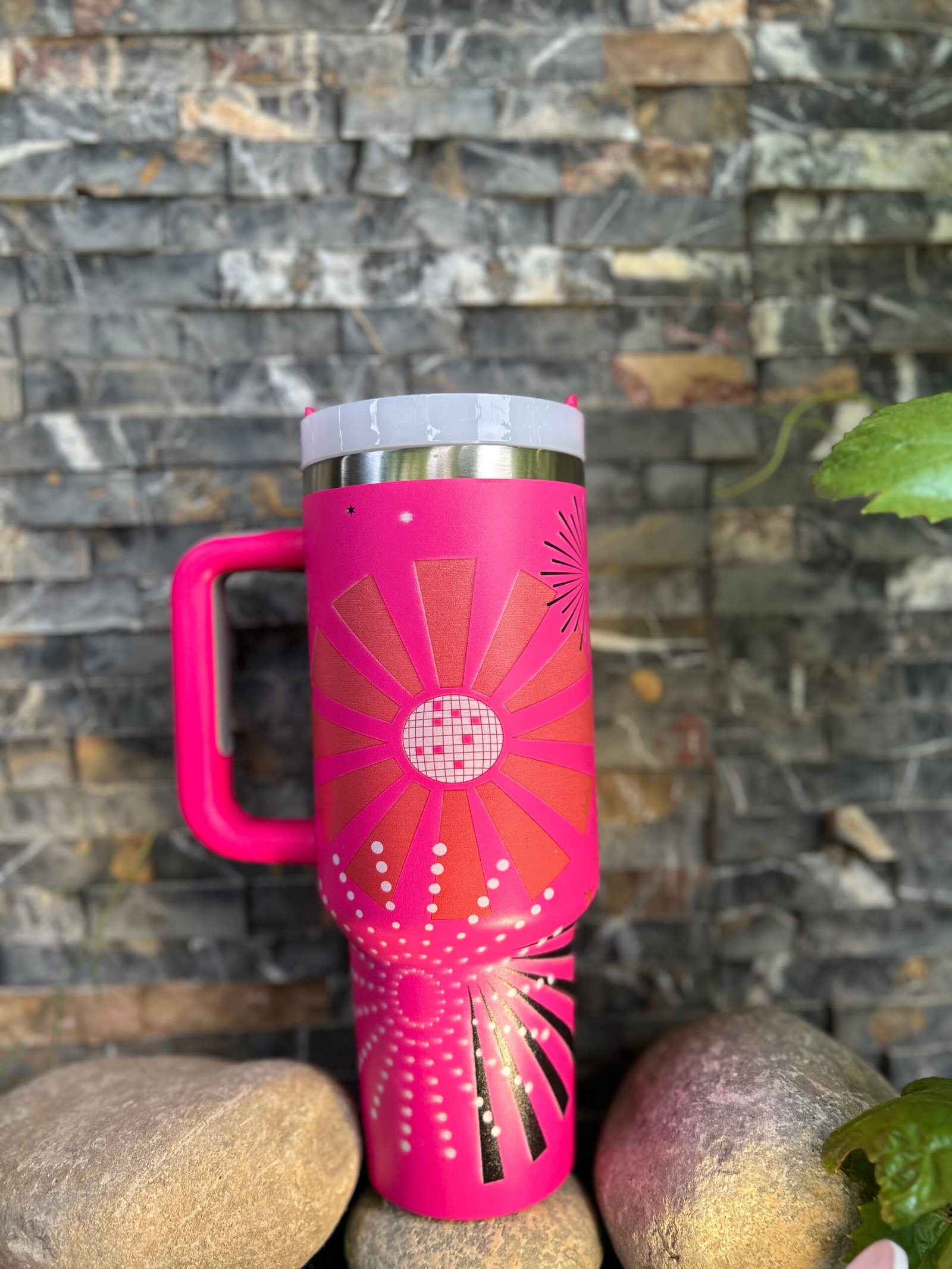 Neon Disco Floral | 40 OZ Tumbler with Cap (Steel Straw) - Image 2
